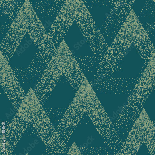 Trendy Seamless Pattern Stippled Triangles Texture Vector Turquoise Abstract Background. Hand Drawn Tileable Geometric Dotted Grunge Repetitive Retro Style Wallpaper. Bizarre Art Illustration