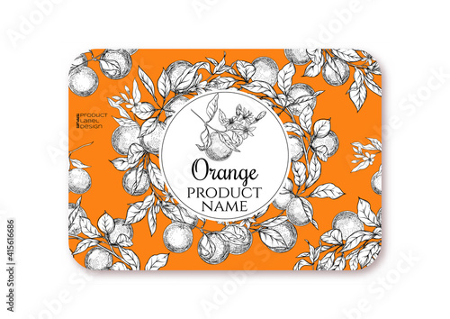 Orange. Ripe citrus. Template for product label, cosmetic packaging. Easy to edit. Graphic drawing, engraving style. Vector illustration.
