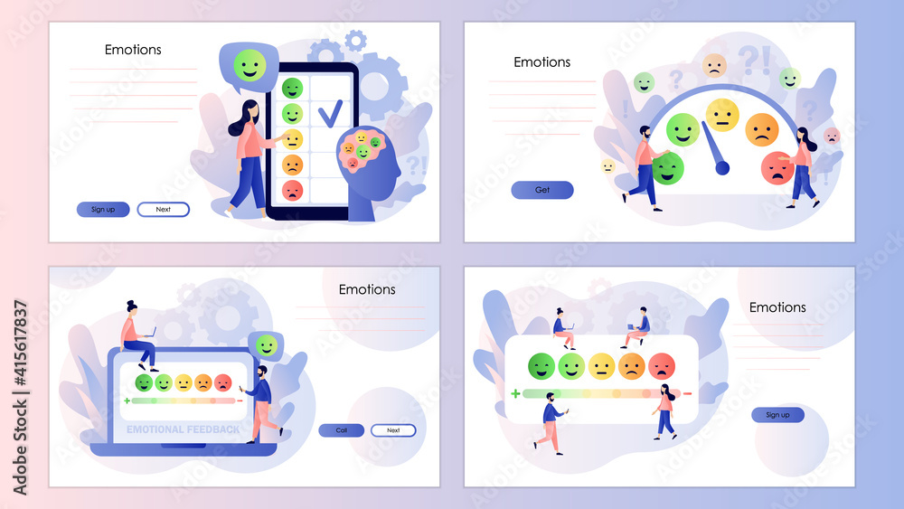 Emotions concept. Mood scale. Tiny people leave feedback. Emoji set for mood tracker. Screen template for mobile smart phone, landing page, template, ui, web, mobile app, poster, banner, flyer. Vector Emotions concept. Mood scale. Tiny people leave feedback. Emoji set for mood tracker. Screen template for mobile smart phone, landing page, template, ui, web, mobile app, poster, banner, flyer. Vector