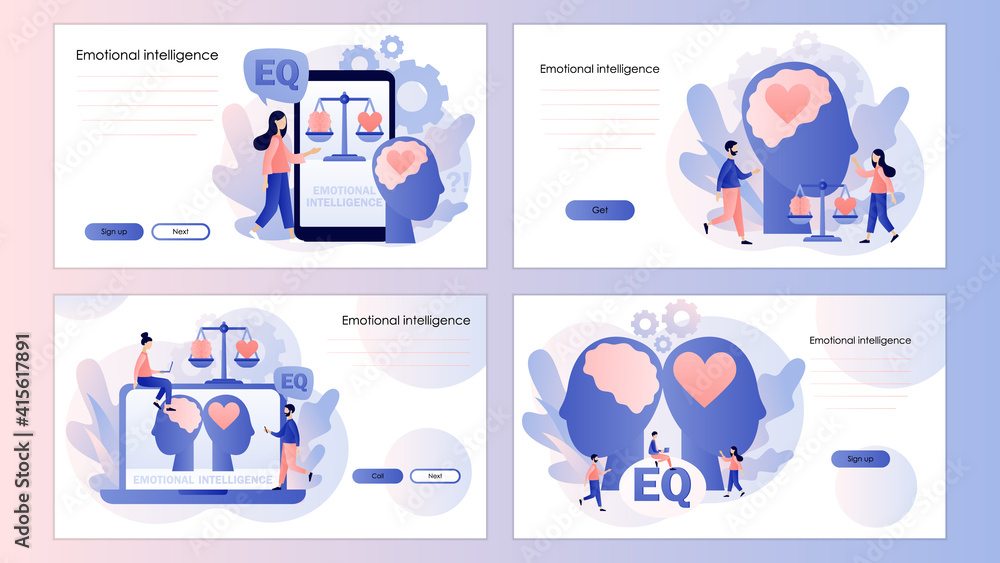 Emotional intelligence. Heart and brain on scales as symbol of balance. Screen template for mobile smart phone, landing page, template, ui, web, mobile app, poster, banner, flyer. Vector illustration Emotional intelligence. Heart and brain on scales as symbol of balance. Screen template for mobile smart phone, landing page, template, ui, web, mobile app, poster, banner, flyer. Vector illustration