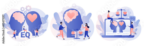 Emotional intelligence. Heart and brain on scales as symbol of balance. Exploring inner personality. Love, mind, logical. Modern flat cartoon style. Vector illustration on white background