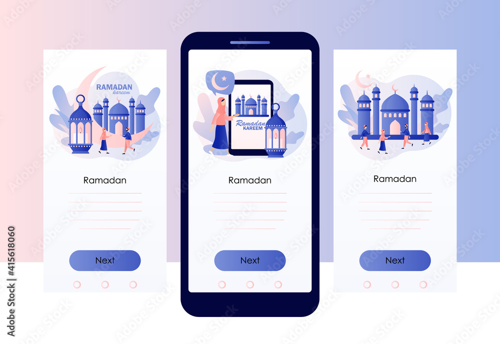 Ramadan Kareem. People greet each other Eid mubarak holiday. Holy Month, lantern for pray at nightand mosque. Muslim Feast. Screen template for mobile smart phone. Modern flat cartoon style. Vector Ramadan Kareem. People greet each other Eid mubarak holiday. Holy Month, lantern for pray at nightand mosque. Muslim Feast. Screen template for mobile smart phone. Modern flat cartoon style. Vector