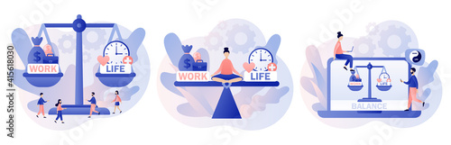 Work and life balance. Tiny people keep harmony choose between career and money versus love and time, leisure or business. Modern flat cartoon style. Vector illustration on white background