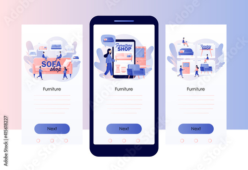 Furniture and home accessories store. Sofa shop. Tiny people shopping furniture and home decor online. Screen template for mobile smart phone. Modern flat cartoon style. Vector illustration