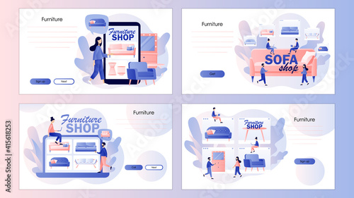 Furniture and home accessories store. Sofa shop.Tiny people shopping furniture online.Screen template for mobile smart phone, landing page, template, ui, web, mobile app, poster, banner, flyer. Vector