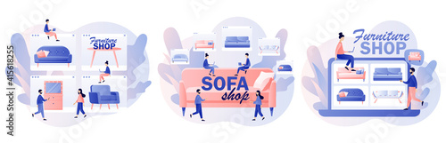 Furniture and home accessories store. Sofa shop. Tiny people shopping furniture and home decor online. Modern flat cartoon style. Vector illustration on white background