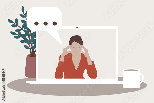 Stressed woman video call therapy session. Virtual advice. Burnout, online consultation, disorder. Vector illustration.