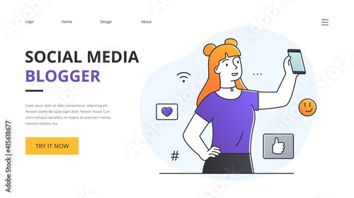 Website template design for a female Social Media Blogger with copyspace as she holds up her smartphone on view surrounded by media and communication internet icons, outline vector illustration