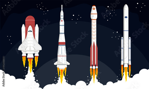 Space Mission concept. Science fiction background. Collection of rockets launched into space. Set of isolated cartoon vector illustrations