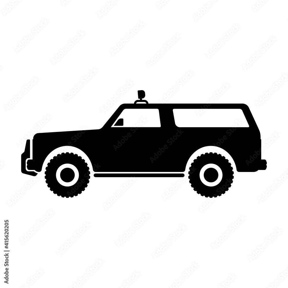 SUV icon. Off-road vehicle. Black silhouette. Side view. Vector flat graphic illustration. The isolated object on a white background. Isolate.