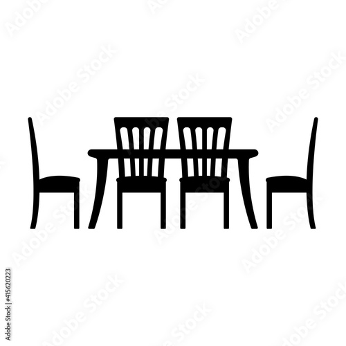 Table and chairs icon. Black silhouette. Vector flat graphic illustration. The isolated object on a white background. Isolate.