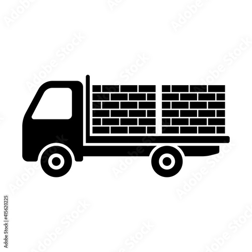 Truck icon. Delivery and transportation of bricks. Black silhouette. Side view. Vector flat graphic illustration. The isolated object on a white background. Isolate.