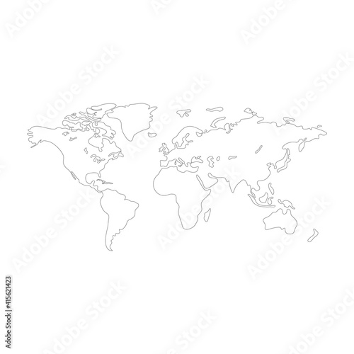 World map vector modern. Earth map vector outline silhouette isolated on white background. Flat map template for website pattern, annual report, infographics. Travel worldwide, map silhouette backdrop