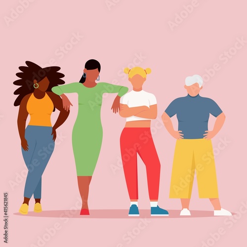 Women of different ages and ethnic groups . Vector concept of the struggle for equality. Poster of friendship. Colorful international women's day