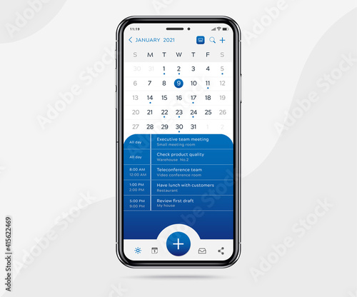 Mobile app calendar concept, Activity calendar template UI UX design, Smartphone calendar schedule application, Vector illustration for graphic design