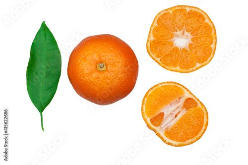 Tangerine and slices isolated on a white background, clipping path, top view