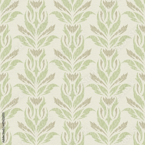 Seamless background with a floral motifs. Soft natural tones. Light green, brown, beige colors. Aged, scratched texture of fabric, paper, canvas. Square repeating pattern of wallpaper, textiles, wrap