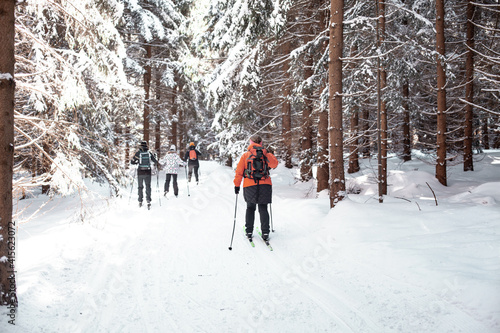 skaters in the trail in the winter snowy forest