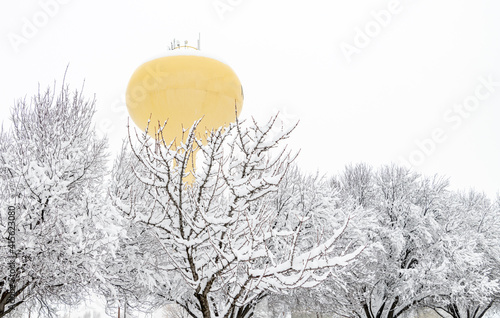 Yellow city water tower seen above snow covered trees