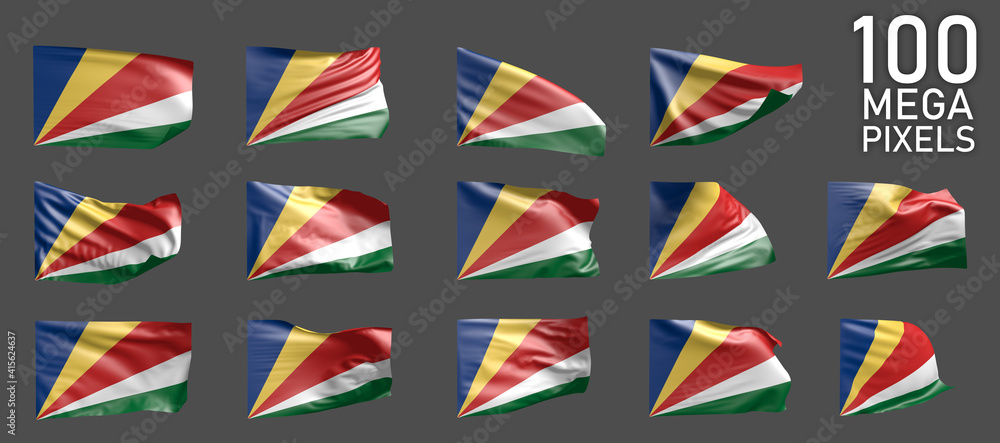 Seychelles flag isolated - different realistic renders of the waving flag on grey background - object 3D illustration
