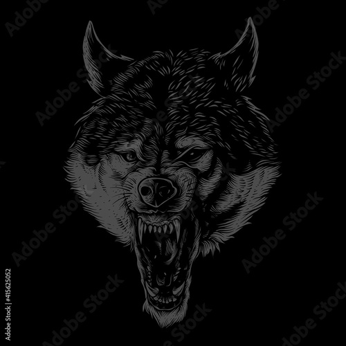 detailed angry wolf head illustration	