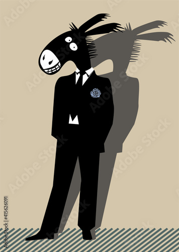 Cartoon illustration of funny smiling donkey dressed up in black suit
