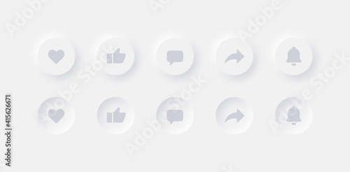 Neumorphic UI UX Design Elements Vector Buttons Like Dislike Comment Share Notifications On Abstract White Background. Active And Inactive Social Media Icons Neumorphism Material Design Light Version