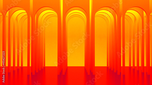 Red round arches on a yellow background. Gallery of columns and portals. Architectural rectangular background. 3d render.  © Mooni Pooni 