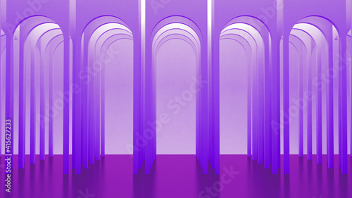 Round violet  lilac arches. Gallery of columns and portals. Architectural rectangular background. 3d render. 