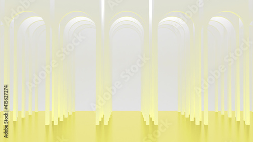 Round arches. Gallery of columns and portals. Architectural rectangular background. 3d render. 