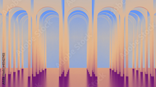 Round arches. Gallery of columns and portals. Architectural rectangular background. 3d render. 