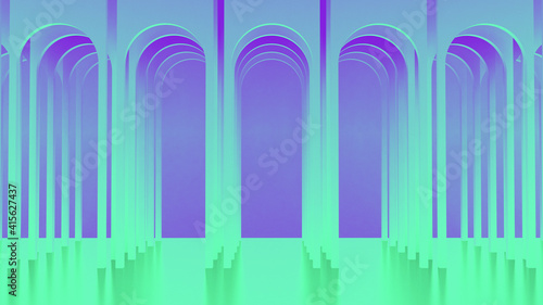 Round arches. Gallery of green, lilac, blue columns and portals. Architectural rectangular background. 3d render. 
