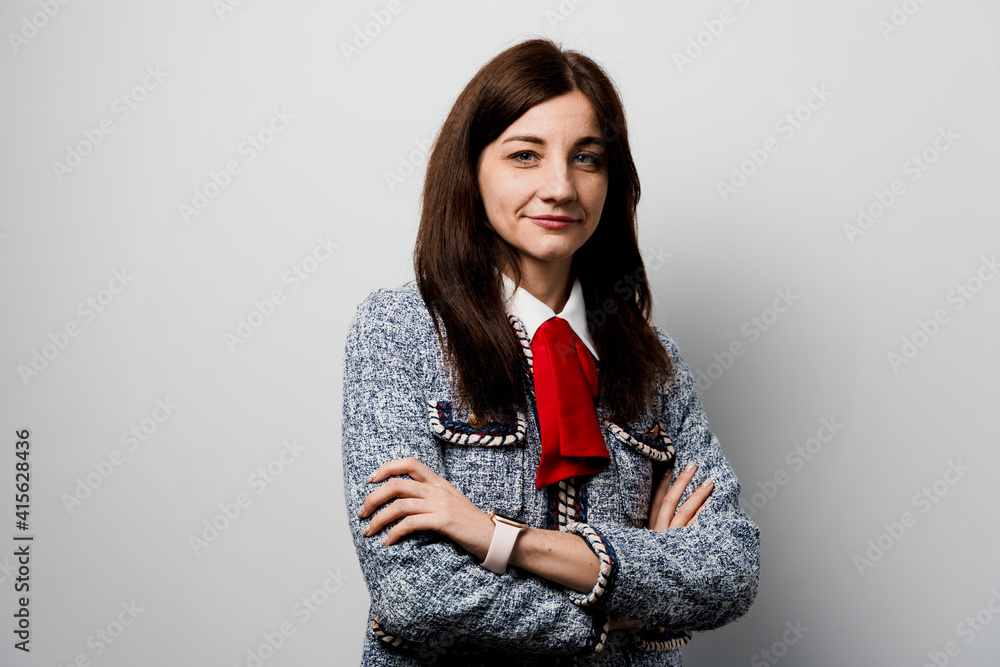 Business woman weared casual clothes. Teacher on white background. Foreign school private study with a school girl. Business woman weared casual clothes. Teacher on white background. Foreign school private study with a school girl.