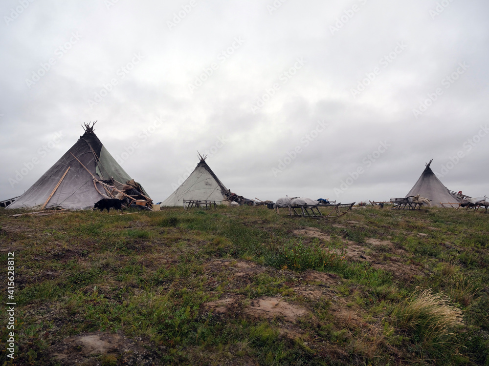 Ethnography. Arctic House of the northern inhabitants of the Arctic. Summer in the tundra. Art noise