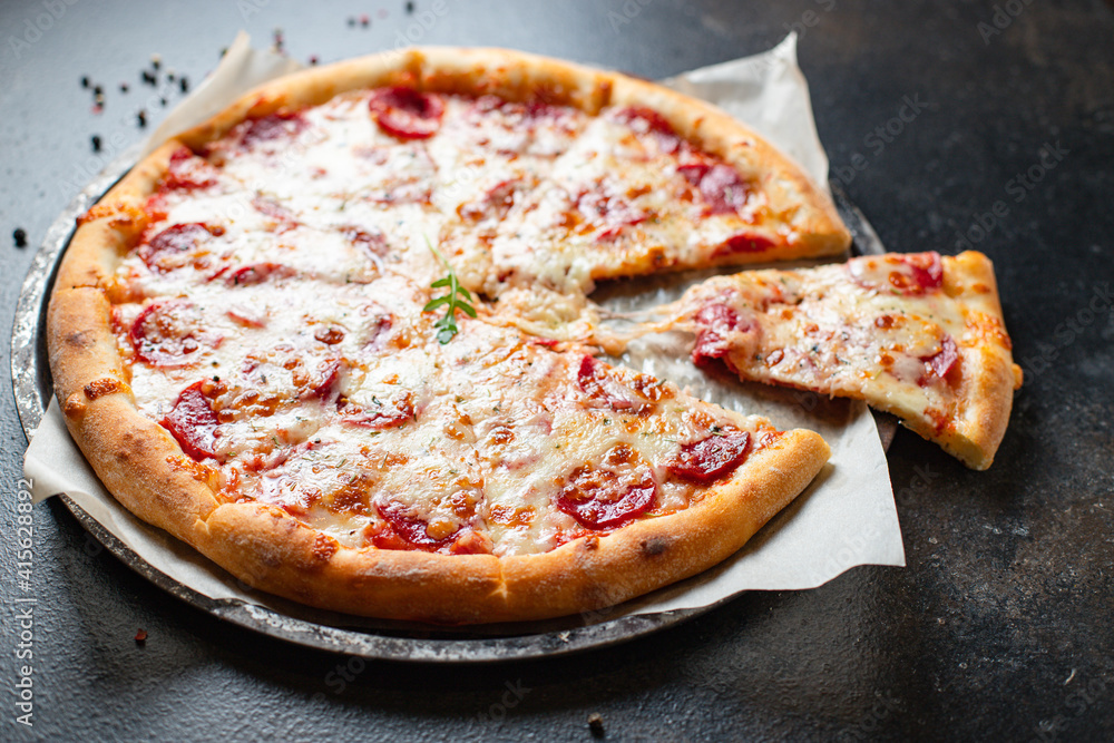 pepperoni pizza meat salami sausage double cheese fast food Takeaway on the table meal snack top view copy space for text food background rustic pepperoni pizza meat salami sausage double cheese fast food Takeaway on the table meal snack top view copy space for text food background rustic