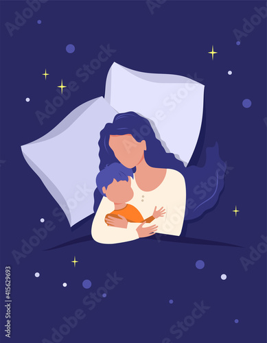 Mom hugs the child, sleeping together on a pillow covered with a blanket