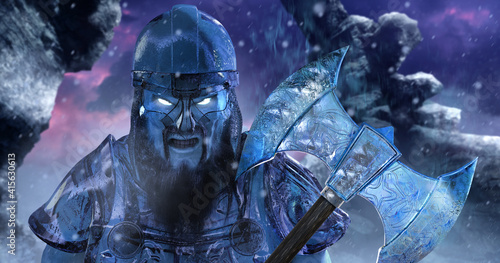 Photography Fantasy 3d render illustration of ice viking demigod holding sharp axe made of ice on winter mountains background