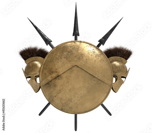 Fotografie Isolated 3d render illustration composition of spartan shield, helmets and spears on white background