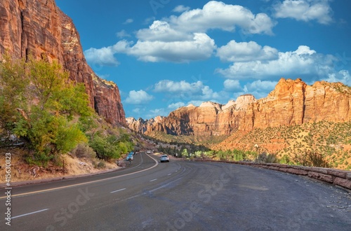 Beautiful scenery, views of an incredibly scenic road surrounded by rocks and mountains in Zion National Park, Utah, USA.