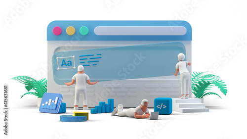 Web UI UX Design Teamwork concept 3D illustration. Team People Building Creating website User interface Front view photo