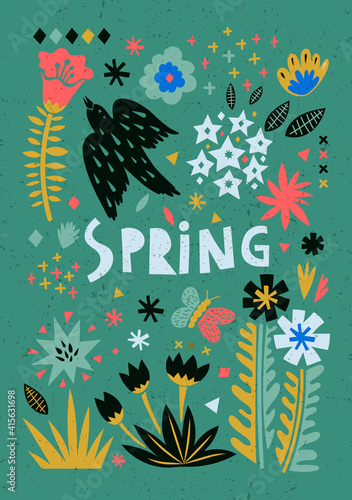 Set of spring symbols and cutout elements. Flowers, leaves and other elements that can be used in cards, patterns, banners, invitations