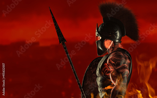 3d render illustration of spartan fire king demigod in armor and helmet, holding spear and shield on red background.