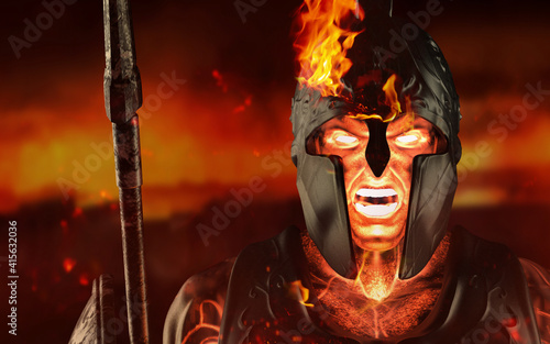 Quadro su tela 3d render illustration of spartan fire king demigod face in armor and helmet, holding spear on battelfield background