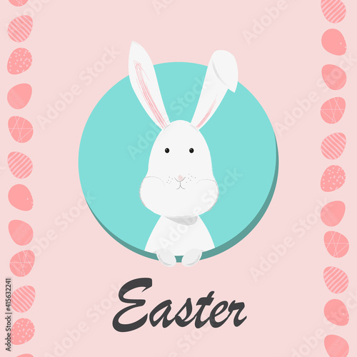 Vector Easter greeting card. White rabbit on a pink background with eggs. Greeting card design.