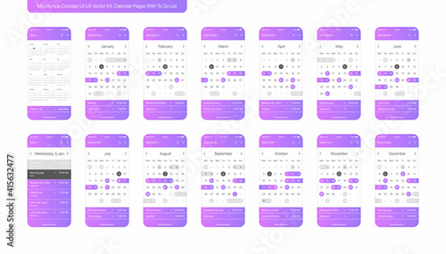 Calendar Mobile App UI UX Concept Vector Kit Isolated On White Background. 2022 Calender Design Elements Set For Mobile Phone And Smart Gadgets. Planner Assistant With To Do List Layout Template