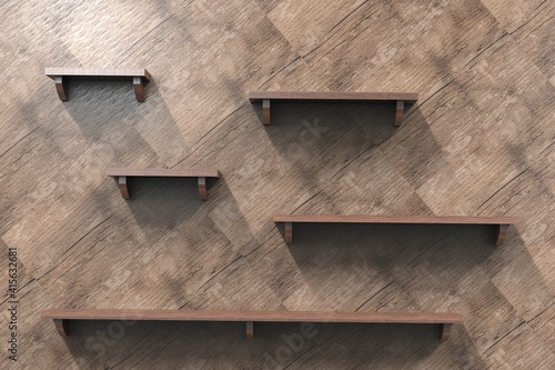 3d render illustration of empty shelves on wooden tile wall background with copy space.