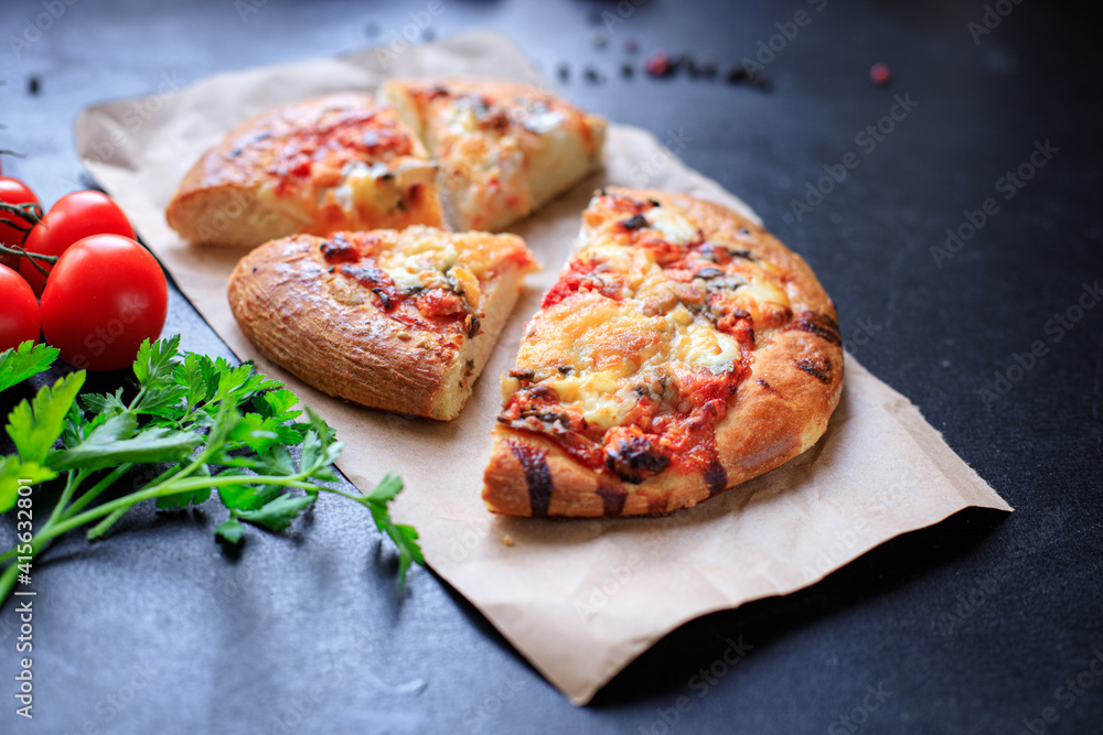 pizza fast food cheese, tomato sauce, tomato and other ingredients flatbread on thick dough on the table meal snack top view copy space food background rustic pizza fast food cheese, tomato sauce, tomato and other ingredients flatbread on thick dough on the table meal snack top view copy space food background rustic