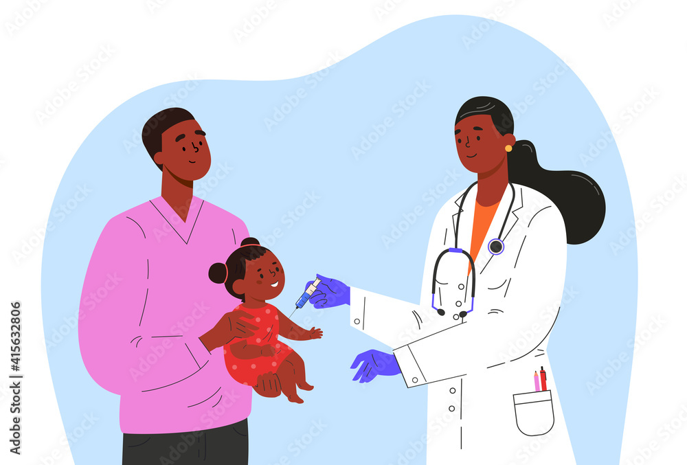Fototapeta premium Female doctor makes a vaccine to a child. Concept illustration for immunity health. Man with baby in hospital. Doctor in a medical gown and gloves. Flat illustration isolated on white background. 