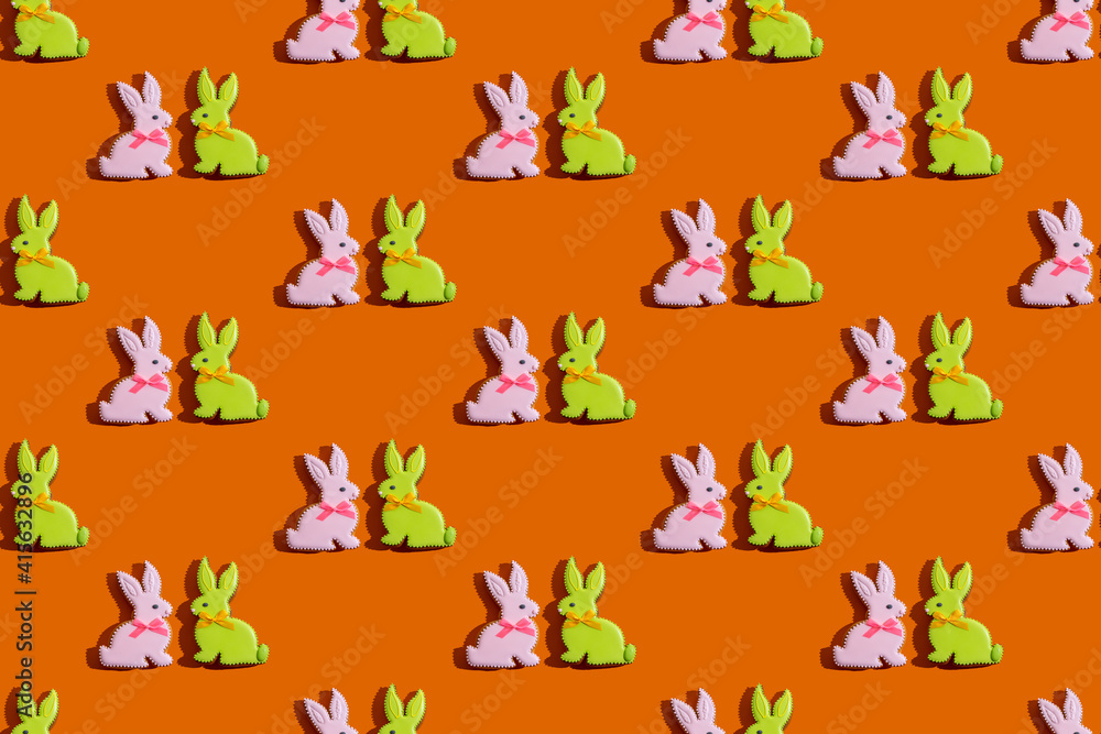 Bunny pattern. Seamless background. Colorful ornament for kids. Cute green  pink rabbit couple cookie minimal composition isolated on vibrant orange  wallpaper for boy or girl. Stock Photo | Adobe Stock