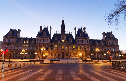 City Hall in Paris at night - building housing City of Paris administration. France